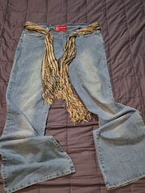 BONGO Light Blue Flare Jeans with Woven Fringe Belt